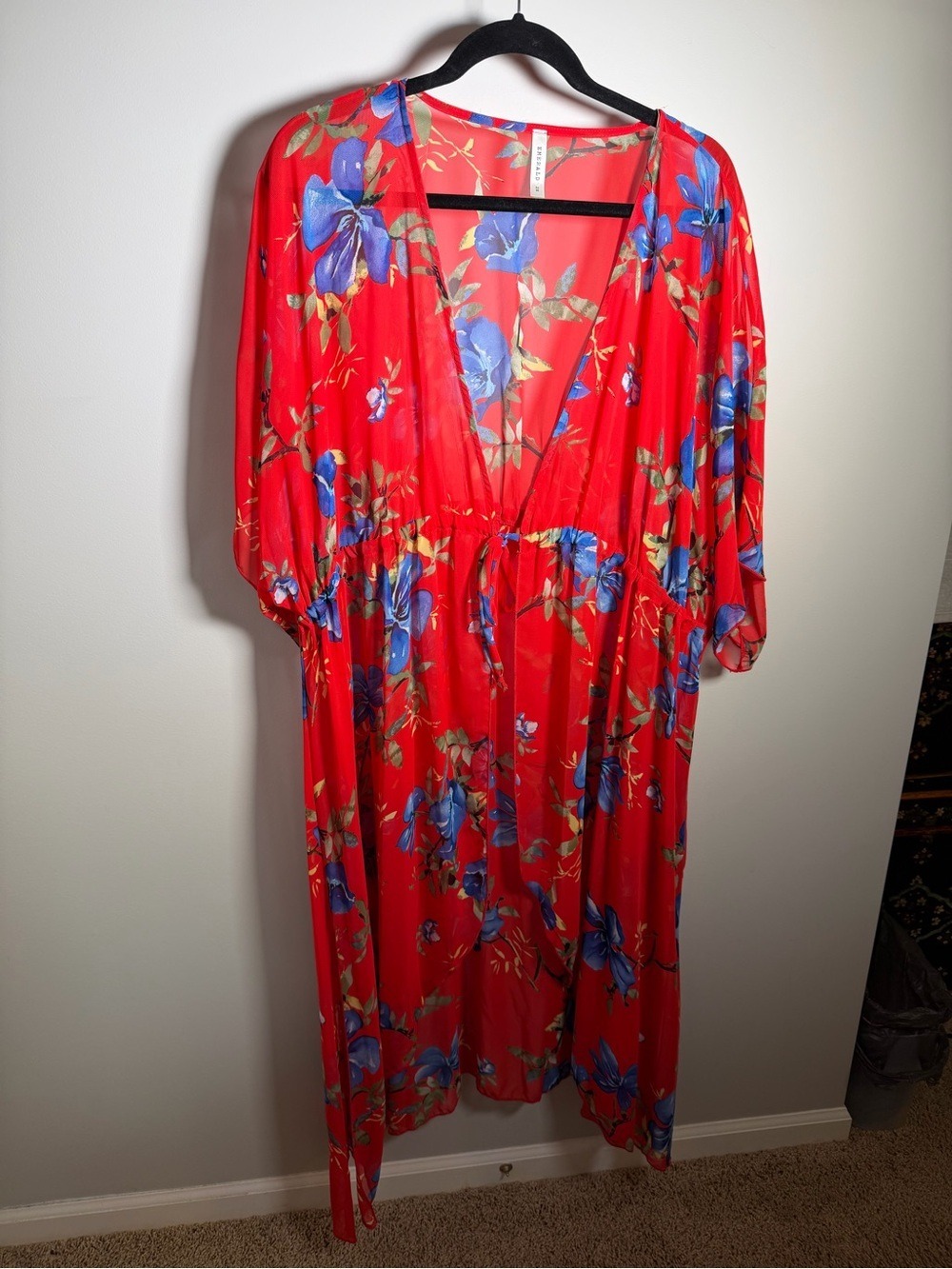 Emerald Red Floral Kimono 2x - Picture 3 of 11